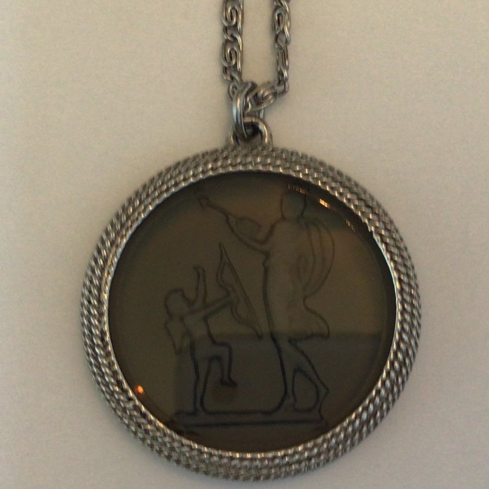 Vintage double chain, smoked glass engraved Cupid & Venus pendant necklace